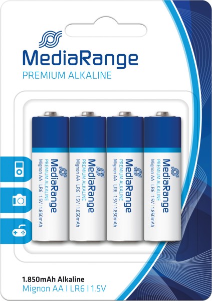 MediaRange Premium Alkaline Batteries, Mignon AA|LR6|1.5V, Pack 4