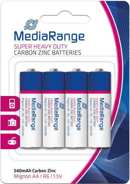 MediaRange Super heavy duty batteries, Carbon-Zinc, Mignon AA|R6|1.5V, Pack 4